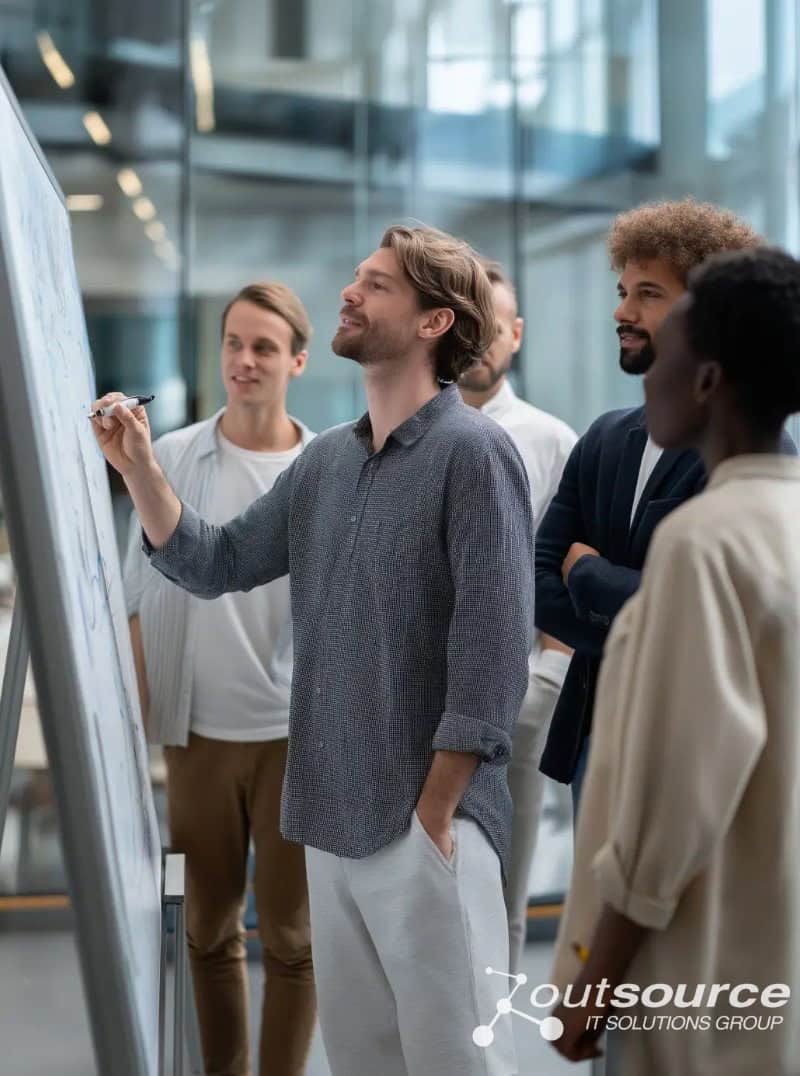 Team collaborating on compliance strategies, showcasing Secure AI for Real Business Outcomes in action.